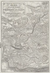 A háború székhelye a Krím-félszigeten, Szimferopol és Baidar közötti ország térképe a szövetséges és az orosz hadsereg mozgásának szemléltetésére